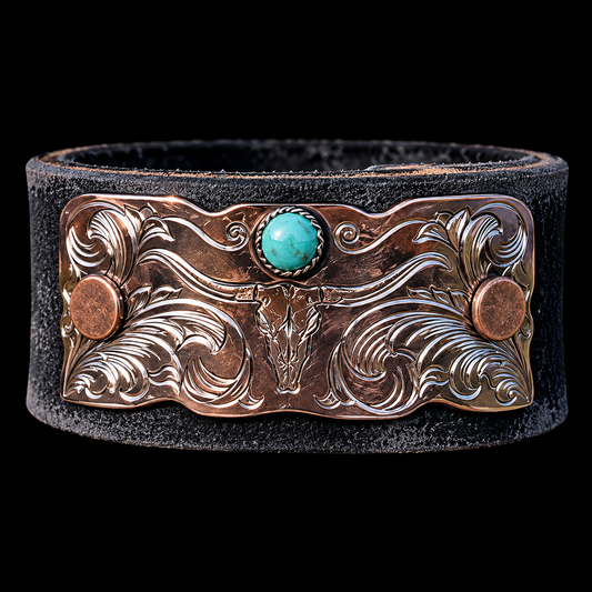 Custom Ranch Brand Engraved Leather & Copper Cuff