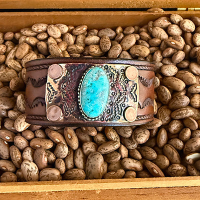 Leather, Turquoise, & Copper Cuff